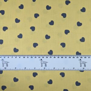 Yellow with small dark blue hearts - 100% cotton fabric